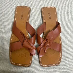 STAUD Lei Bow Brown Leather Slip-On Sandals with Criss-Cross Straps Size 35